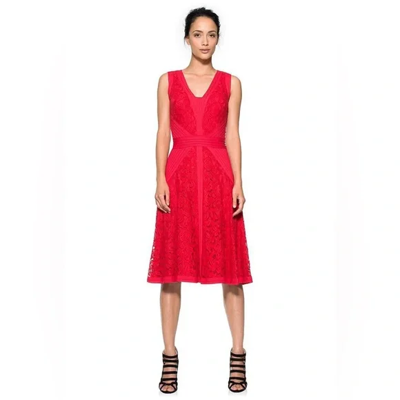 Tadashi Shoji | Dresses | Tadashi Shoji Deep Rose Lace Pintuck Jersey Fit  Flare Cocktail Dress 2 | Poshmark